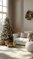 Classic living room with Christmas tree, presents, sofa, wreath, and natural sunlight