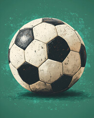 Classic soccer ball with black and white pattern on a muted green textured background