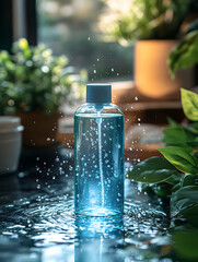 Clear bottle with blue liquid Splashes around, plants background, bright & blurry