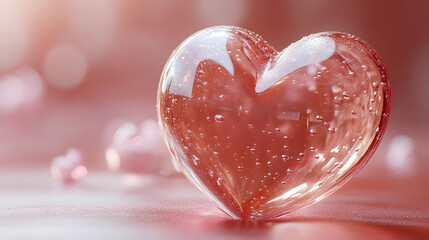 Clear glass heart object with many tiny air bubbles inside on pink background