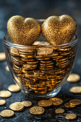 Clear bowl with gold coins topped with glittery golden heart shapes on a marbled surface