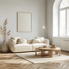 Minimalist living room with beige sofa, wooden coffee table, and large window.