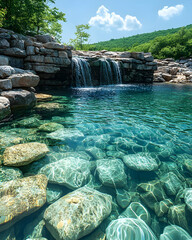 Clear, shallow water cascading over rock wall into pool with visible rocks underneath water