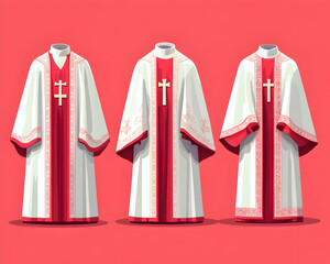Clerical vestments in white with red accents, arranged against a simple red background
