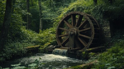 old wooden waterwheel in the forest