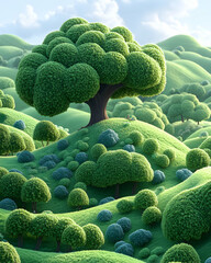 Cartoon landscape featuring verdant rolling hills and stylized trees under a bright, airy sky