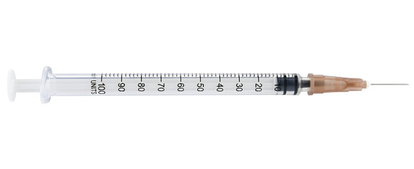 Disposable syringe for injection of insulin isolated on a transparent background. Completely in...