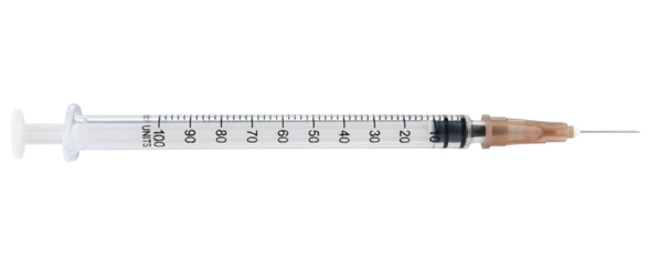 Disposable syringe for injection of insulin isolated on a transparent background. Completely in focus. Full depth of field. PNG.