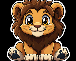 Cartoon lion cub with cute eyes and a furry mane on a black background