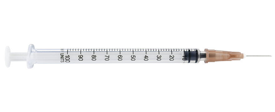 Disposable syringe for injection of insulin isolated on a transparent background. Completely in focus. Full depth of field. PNG.