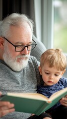Fototapeta premium Grandfather and Grandson Reading Book Together Indoors