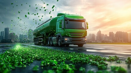 Eco-Friendly Transportation: Green Tanker Truck on City Road