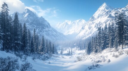 Panoramic view down snow covered valley in alpine mountain range
