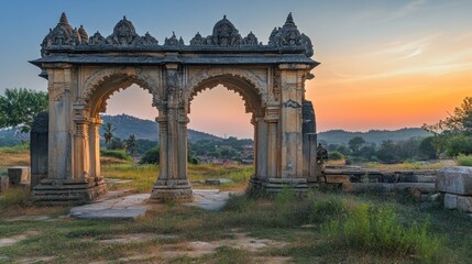 Obraz premium Old ruined arch of Lotus Mahal at sunset