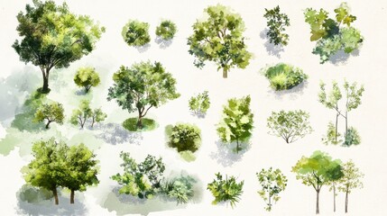 botanical landscape design elements, watercolor styled tree icons, varying foliage clusters, soft gradient greens, aerial garden planning symbols, organic canopy shapes, artistic vegetation marks,