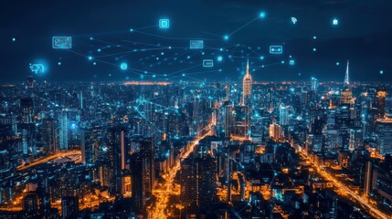 Night City Skyline with Digital Network. Aerial View. Stock Photo