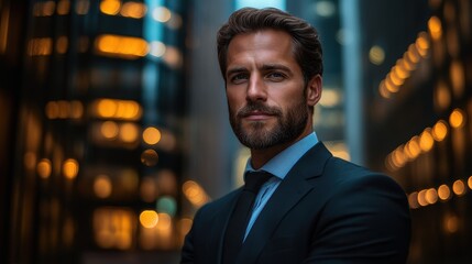 A handsome man wearing a suit stands near tall buildings