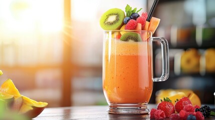 Bright and refreshing fruit smoothie in a glass container featuring kiwi slices fresh berries and a straw  The smoothie is set on a wooden table by a sunlit window