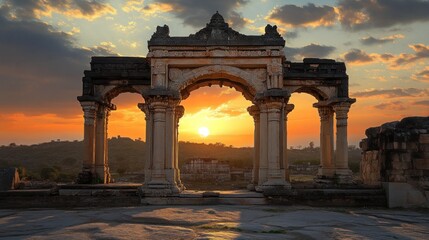 Fototapeta premium Old ruined arch of Lotus Mahal at sunset