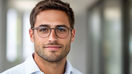 Fototapeta premium Confident and Successful Business Professional Smiling in Glasses and Casual Corporate Attire Portrait of a Man in a Workplace Setting Showing a Positive and Approachable Demeanor