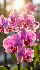 Obraz na płótnie Canvas Pink orchids blooming in sunlight against a blurred background 