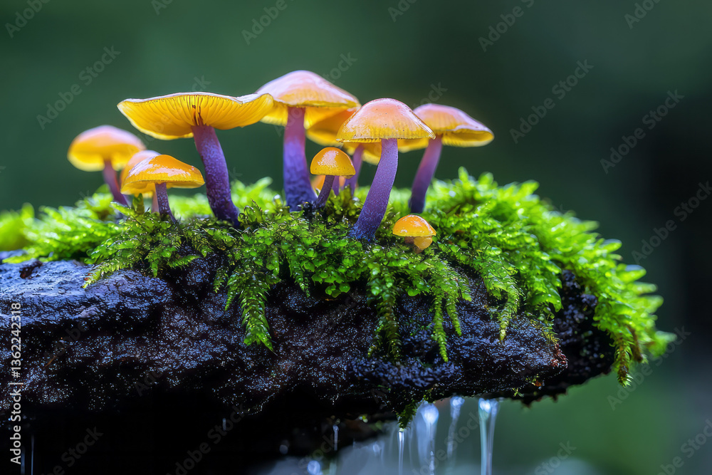 Poster a macro shot featuring vibrant moss and fungi, highlighting delicate organic textures and patterns,