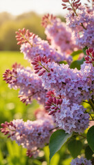 Obraz premium Lilac flowers blooming in spring sunlight against a green field 
