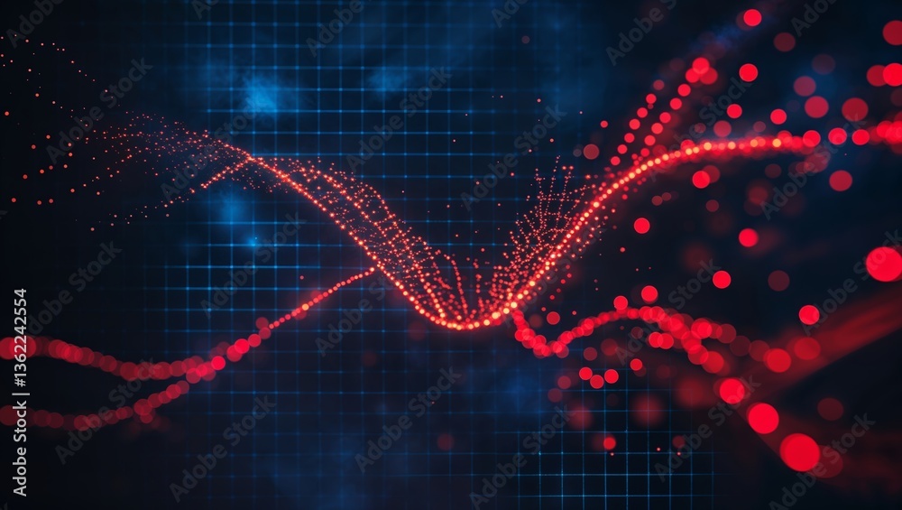 Fototapete Digital wave pattern featuring red dots against a dark grid background in a futuristic design
