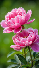 Naklejka premium Beautiful pink peonies blooming against a soft green background 