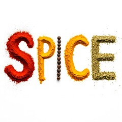 The word Spice spelled out using different ground spices on a white background, AI Generated