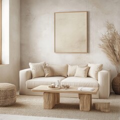 Minimalist living room with beige sofa, wooden coffee table, and pampas grass.