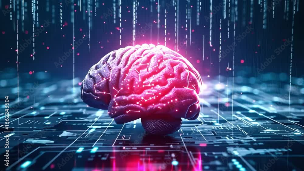 Poster futuristic digital brain neon representation of artificial intelligence and technology surrounded by
