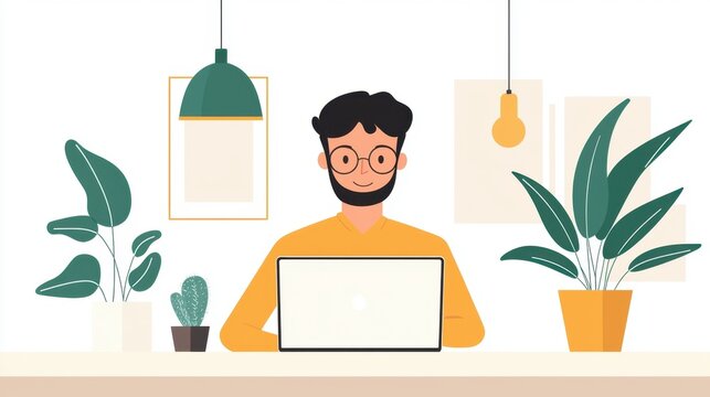 An Indian man sitting at home, focused on an online webinar on his laptop. Learning and education concept.