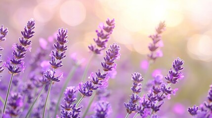 Obraz premium Lavender essential oil with a soft lavender flower background.