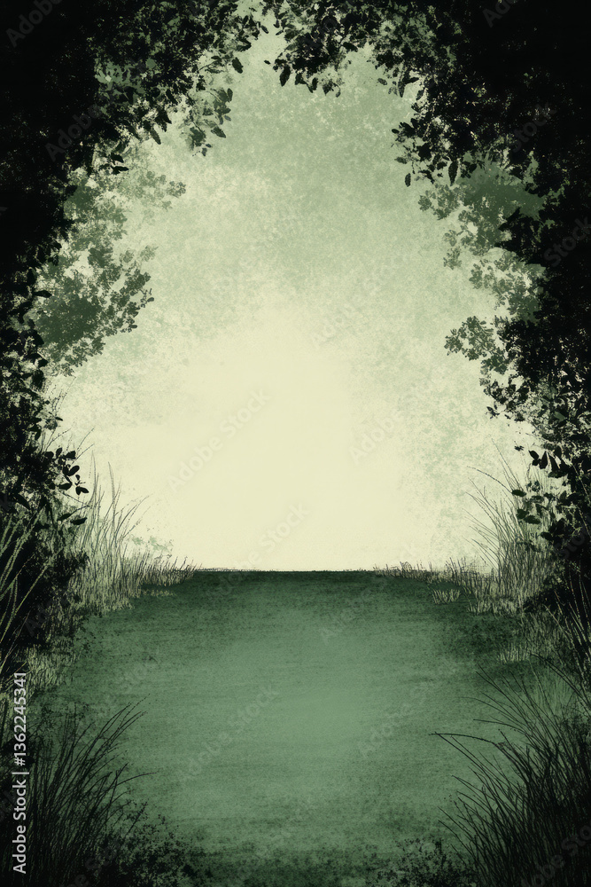 Poster An atmospheric depiction of an empty street bordered by fading trees and grass, skillfully