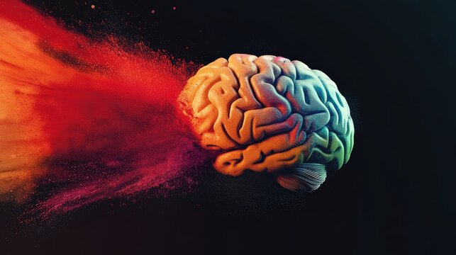 A creative interpretation of a brain exploding with vibrant colors, representing the power of imagination and creativity, while challenging the boundaries of human thought and expression.