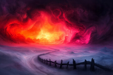 A dreamlike image featuring an ancient, weathered fence stretching infinitely toward the horizon