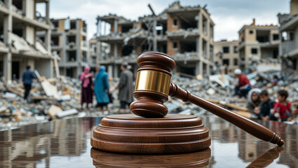 A wooden judge&rsquo;s gavel with a golden band resting on a polished sound block, placed on a reflective surface. In the background, a war-torn city with destroyed buildings and civilians seeking refuge