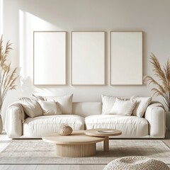 Minimalist living room with beige sofa, wooden coffee table, and three blank frames.