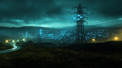 Obraz premium Nightfall Power Transmission: A Futuristic Energy Landscape