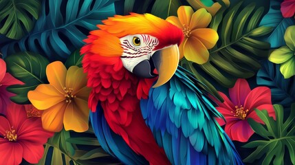 Fototapeta premium Bright and happy parrot face with colorful feathers, tropical background 