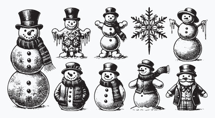 Diverse collection of stylized snowmen illustrations each with unique designs, embodying winter festive joy and charm with meticulous details and vintage illustrations