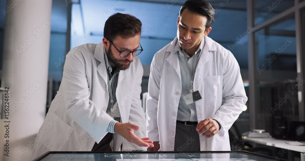 Poster scientist, people and meeting with touchscreen display for review, medical research or innovation. n