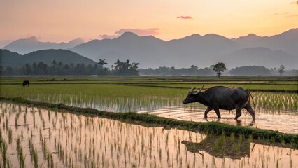 Buffalo in rice field, highlighting the agriculture and animal theme.
