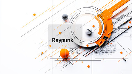 The word “Raypunk” appears over a sleek, abstract, futuristic layout featuring orange and black geometric shapes, circles, and circuit like lines on a white background.