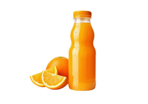 A tall, elegant orange juice bottle with modern minimalist branding, placed next to a freshly squeezed half-cut orange, isolated on a solid white background.