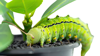 Caterpillar on Plant: A vibrant green caterpillar munches on fresh leaves in a photorealistic shot, showcasing the beauty of nature's tiny architects. 