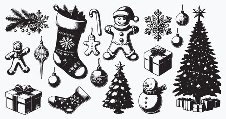Festive holiday elements set in a monochrome illustration showcasing a variety of Christmas icons, gift boxes, and tree decorations against a minimalistic aesthetic