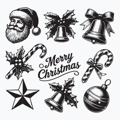 Vintage Christmas illustration with Santa Claus, bells, and decorations in detailed engraving style and celebratory festive feeling