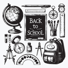 Back to school illustration with a chalkboard, globe and backpack, vintage graphic design elements isolated on a white background